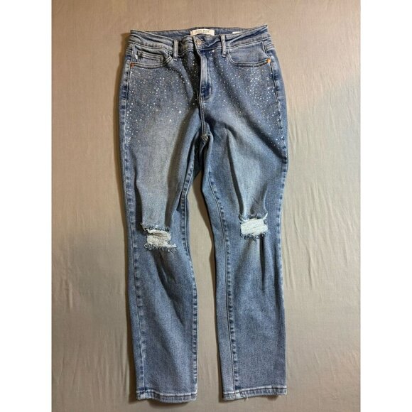 Judy Blue Jeans Womens Size 13/31 Slim Fit High Rise Wash Blue Denim Rhinestones - Picture 1 of 11